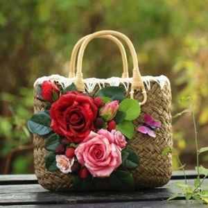 Women's Flowers Decor Straw Weave Handbag bag